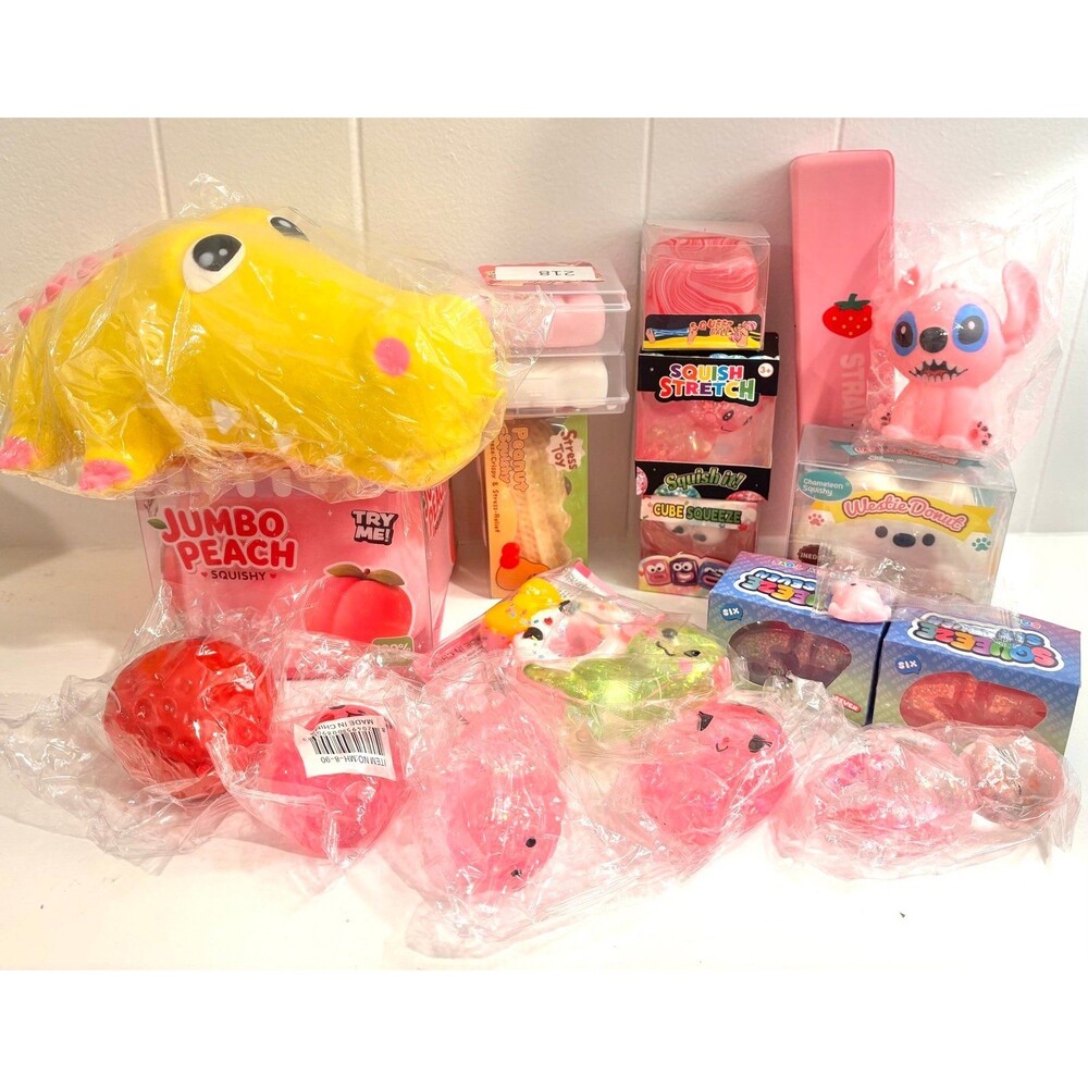 “ think pink “ Huge lot viral Squishy toys, sugar, taba, jumbo peach, butter, 67